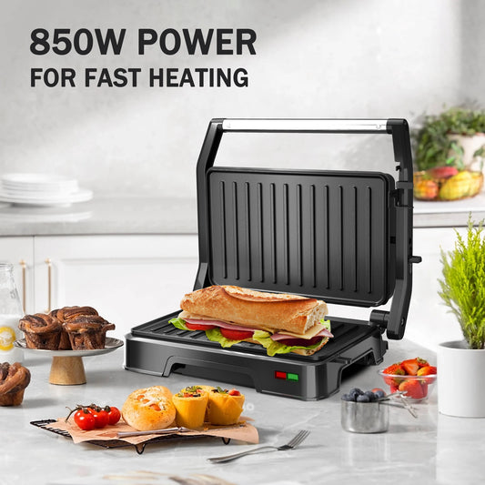 Panini Press Sandwich Maker, 850W Sandwich Press Grill with Non-Stick Coated Plates, Indicator Light, Locking Lid
