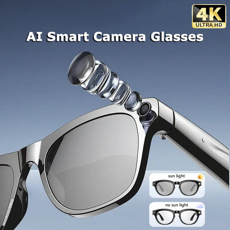 AI Smart Glasses: Photochromic 4K Multifunction Camera Bluetooth Call Voice Assistant Music Player Translate Glasses