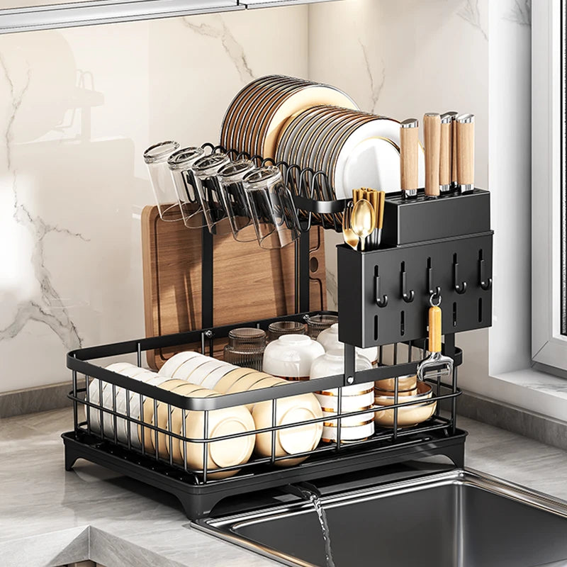 1 or 2-Tier Space-Saving Kitchen Dish Drying Rack, Multifunctional Dish Rack, Rustproof Kitchen Dish Drying Rack with Drainboard