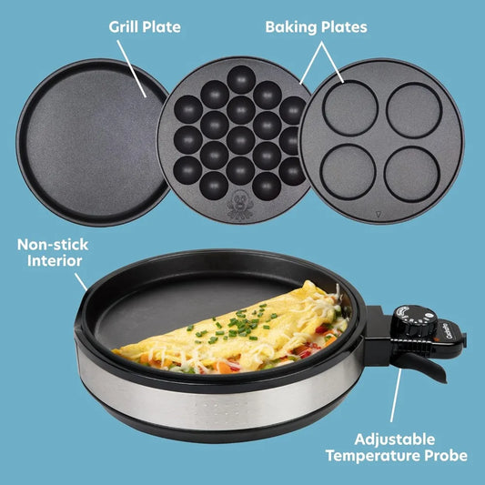 Baking Made Easy- Electric Appliance w Temp Control, 3 Interchangeable Skillets for Grilling, Baking or Dessert Making