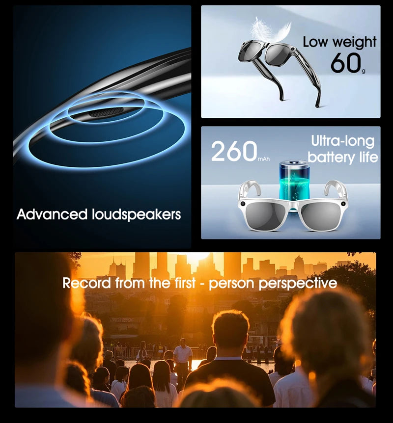 AI Smart Glasses: Photochromic 4K Multifunction Camera Bluetooth Call Voice Assistant Music Player Translate Glasses