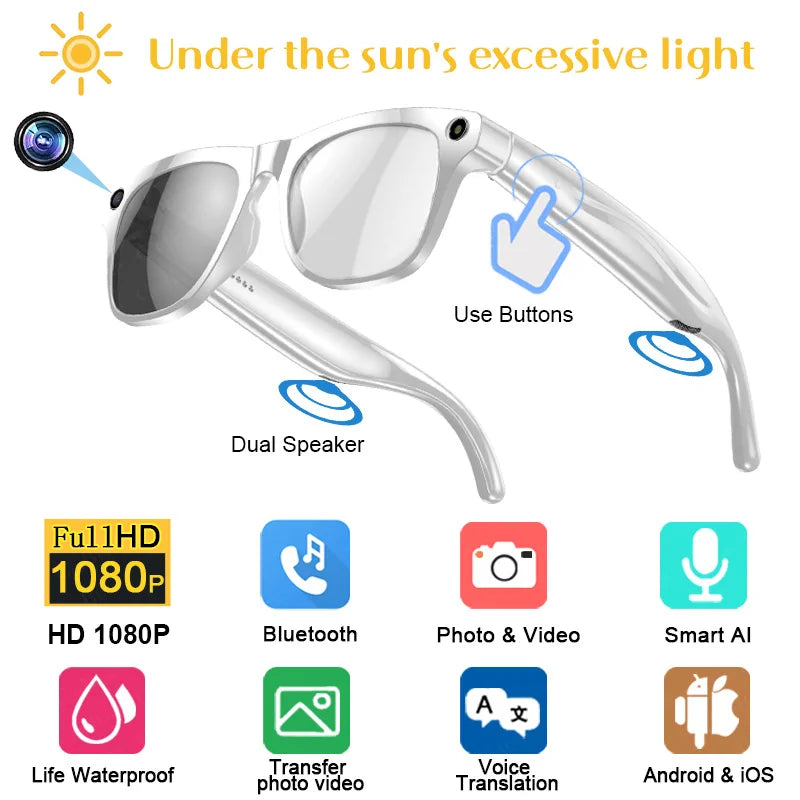 AI Smart Glasses: Photochromic 4K Multifunction Camera Bluetooth Call Voice Assistant Music Player Translate Glasses