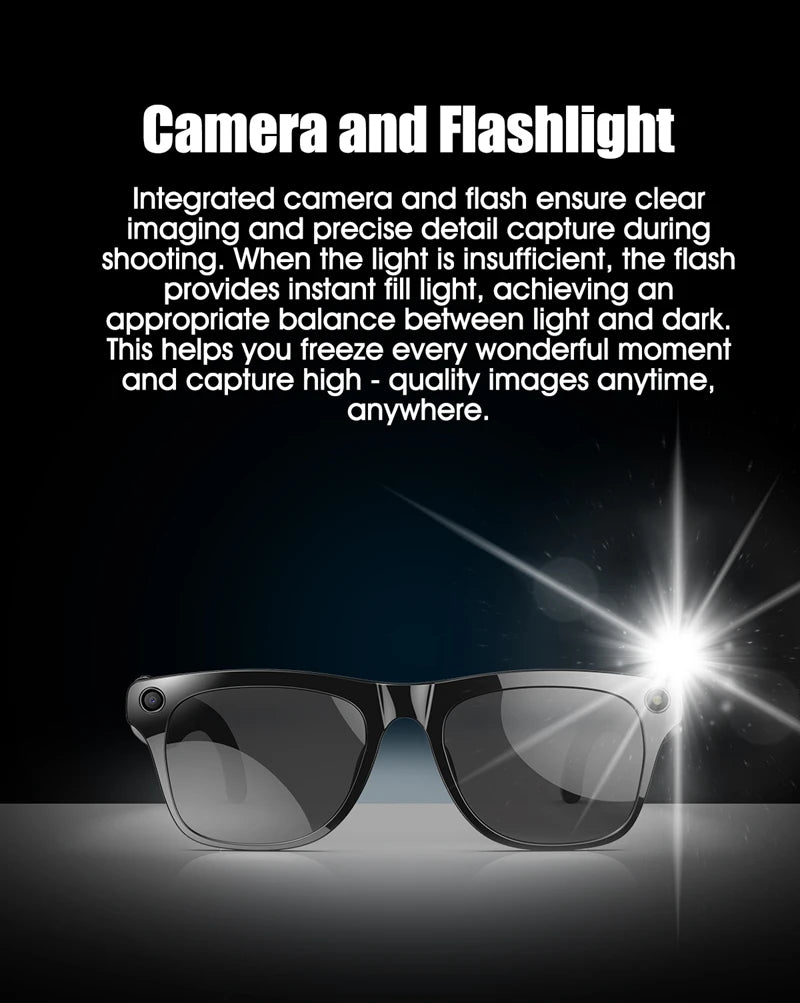 AI Smart Glasses: Photochromic 4K Multifunction Camera Bluetooth Call Voice Assistant Music Player Translate Glasses