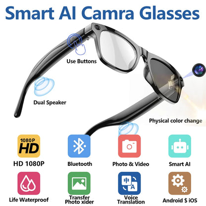 AI Smart Glasses: Photochromic 4K Multifunction Camera Bluetooth Call Voice Assistant Music Player Translate Glasses