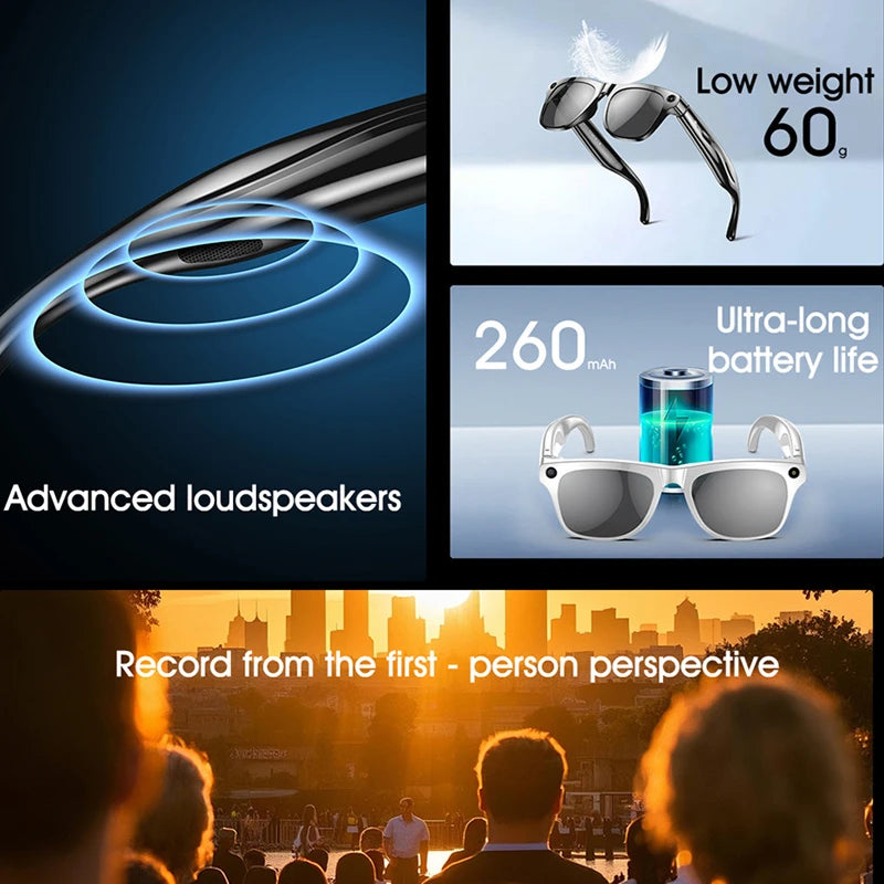 AI Smart Glasses: Photochromic 4K Multifunction Camera Bluetooth Call Voice Assistant Music Player Translate Glasses