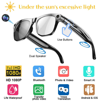 AI Smart Glasses: Photochromic 4K Multifunction Camera Bluetooth Call Voice Assistant Music Player Translate Glasses