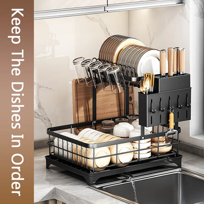 1 or 2-Tier Space-Saving Kitchen Dish Drying Rack, Multifunctional Dish Rack, Rustproof Kitchen Dish Drying Rack with Drainboard