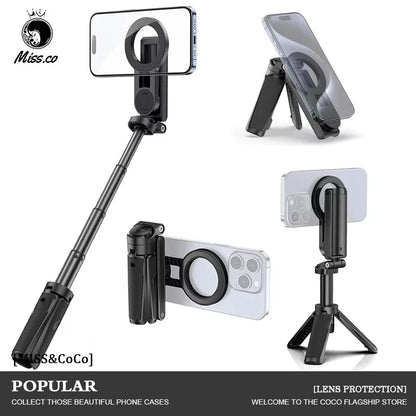 Magnetic Phone Tripod Wireless Phone Grip Selfie Stick Desktop Tripod for iPhone 16 15 14 13 12 Pro Max For Samsung phone holder