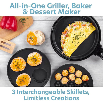Baking Made Easy- Electric Appliance w Temp Control, 3 Interchangeable Skillets for Grilling, Baking or Dessert Making