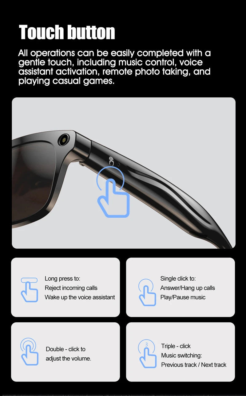 AI Smart Glasses: Photochromic 4K Multifunction Camera Bluetooth Call Voice Assistant Music Player Translate Glasses