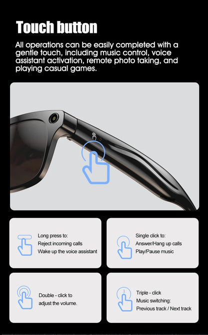 AI Smart Glasses: Photochromic 4K Multifunction Camera Bluetooth Call Voice Assistant Music Player Translate Glasses