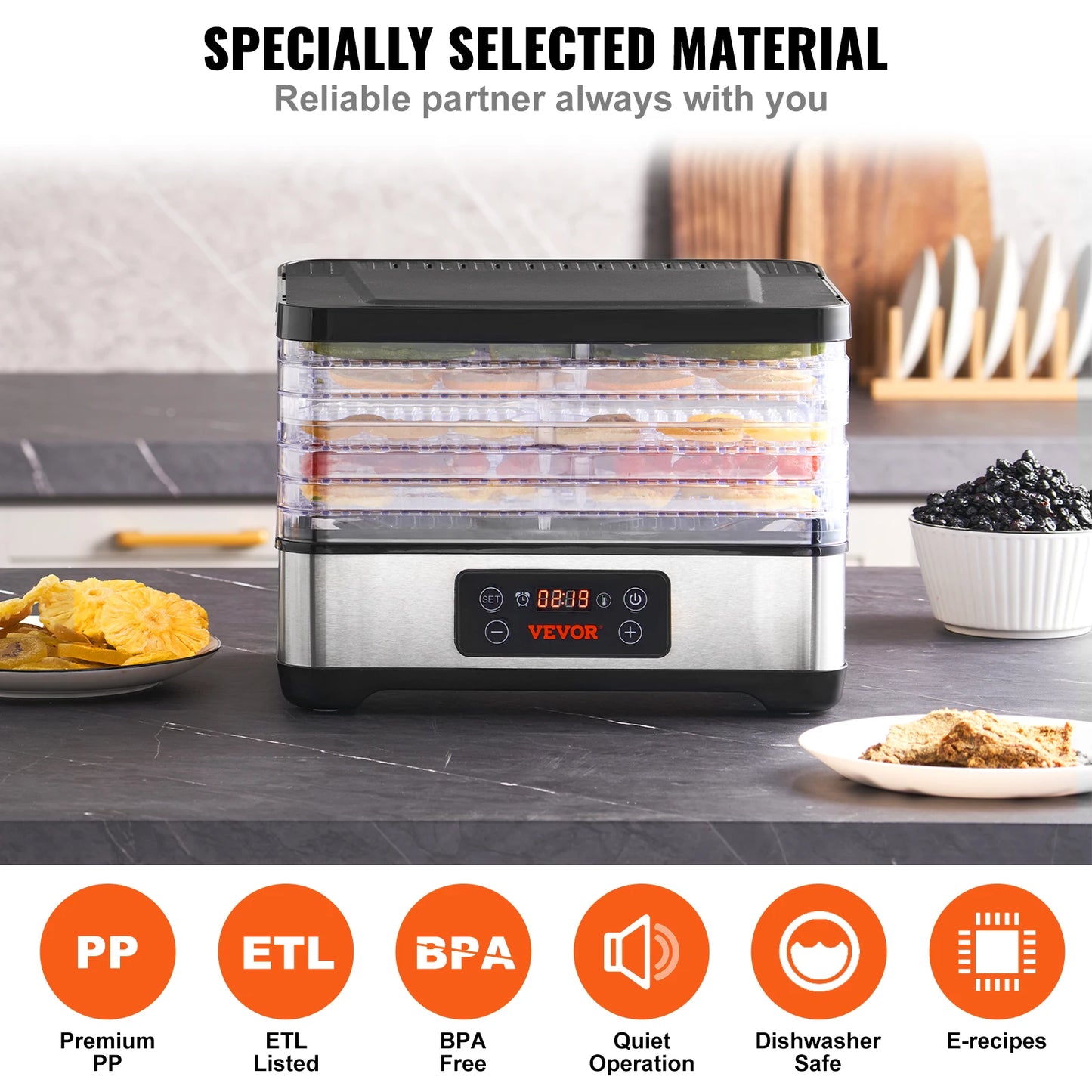 VEVOR 5 Tray Food Dehydrator Machine 300W Stainless Steel Electric Food Dryer w/ Digital Adjustable Timer & Temperature