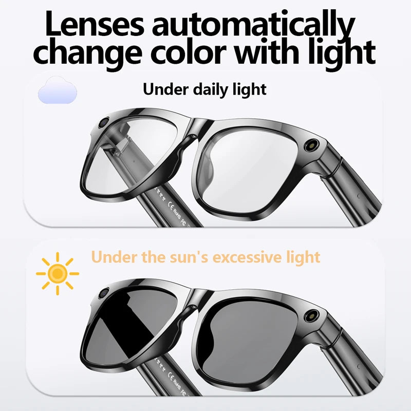 AI Smart Glasses: Photochromic 4K Multifunction Camera Bluetooth Call Voice Assistant Music Player Translate Glasses