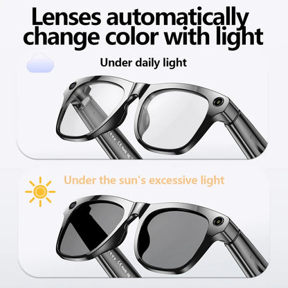 AI Smart Glasses: Photochromic 4K Multifunction Camera Bluetooth Call Voice Assistant Music Player Translate Glasses