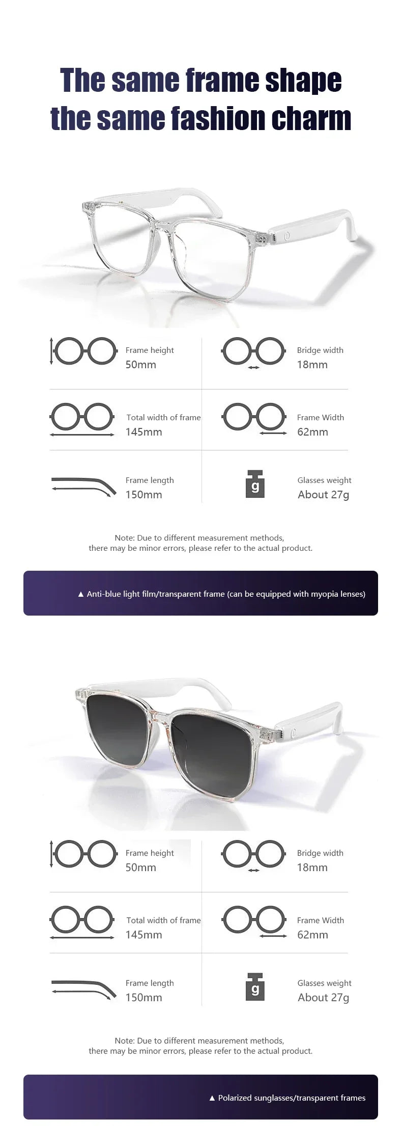 GS03 Upper Smart Glasses - Camera,  Video Recording, Bluetooth, Call, Voice Translation, AI Assistant